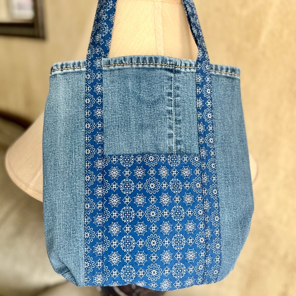 Upcycled Denim and fabric tote bag handmade blue medallion print book tote
